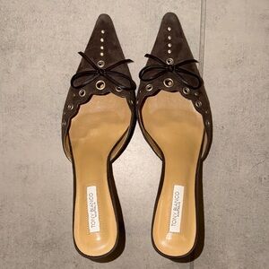Tony Biiano Dark Brown Pointed Slip-On Mules with Eyelet Trim